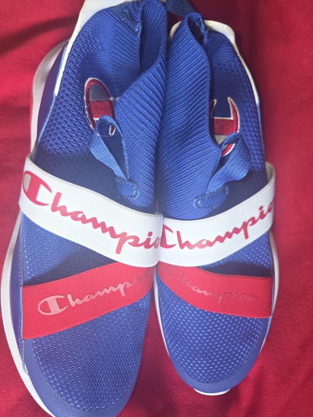 Champion Blue Slip-On Athletic Sneakers with Red & White Logo Straps